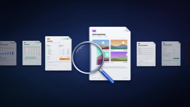Magnifying glass reviewing business documents in a sliding carousel with approval checks, seamless loop