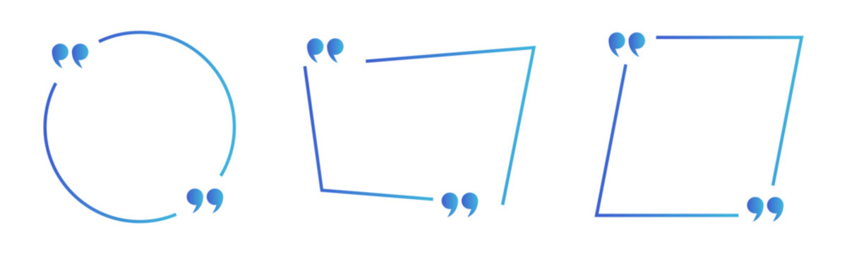 Minimalist blue gradient quote frames, set of 3 vector speech bubbles for testimonials, modern geometric quotation mark borders for social media posts