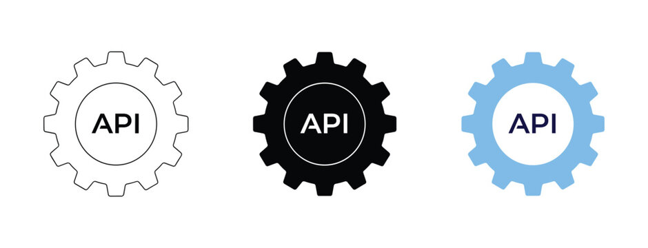 API Gear Icons: Three stylized gear icons, each displaying the acronym API prominently, representing application programming interface technology and digital integration.