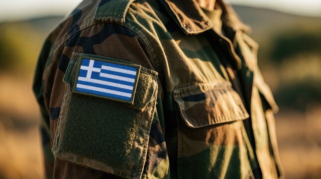 Close up of Greek flag patch on camouflage military jacket sleeve. Soldier wears army uniform in outdoor nature setting. National symbol of Greece on combat apparel shows patriotism, defense service.
