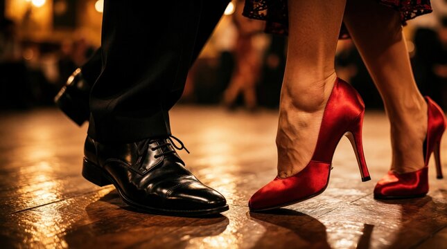 Close up of couple feet dancing tango on wooden floor. Woman wears elegant red high heel shoes. Man wears black formal dress shoes. Passionate lovers perform traditional Argentine dance in club
