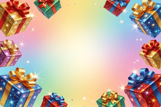Vibrant festive gift boxes floating around the edges against a soft pastel gradient background.