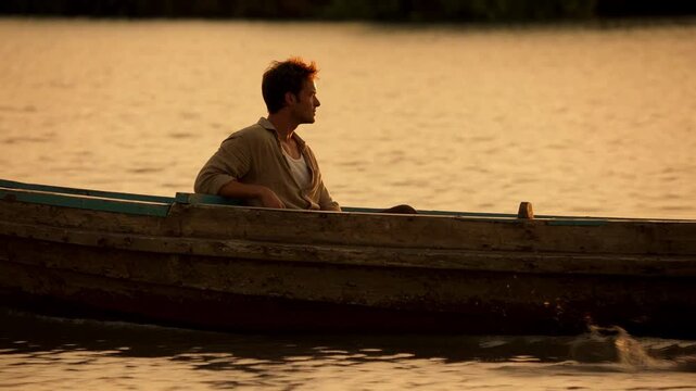 Adult man sits in a weathered wooden rowboat gliding across calm water as a long oar moves beside the hull, warm golden light reflecting across the surface in side profile view