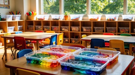 Fototapeta premium Empty preschool classroom with colorful chairs, wooden shelves. Science sensory bins with oil, water mixture sit on tables. Bright indoor kindergarten room features organized art supplies, clear
