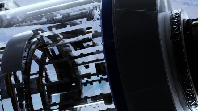 A close up shows a spacecraft part in low Earth orbit. The scene captures details of the structure against the backdrop of the planet. The activity involves satellite operations and technology.