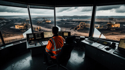 Fototapeta premium Male operator sits in control tower monitoring open pit mine operations. Worker uses digital screens to manage heavy machinery, extraction process. Pro view of large excavators working in dark coal