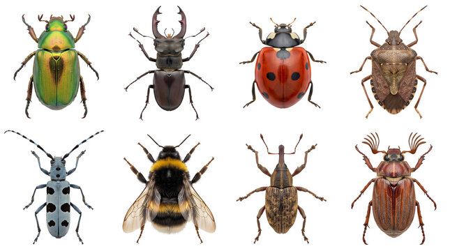 Macro Insects Collection Set, Beetle Ladybug Stink Bug Bumblebee Weevil Entomology Isolated on Transparent Background