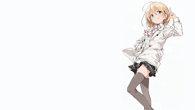 Blonde anime girl making a peace sign with copy space，ピースサインをする金髪の女の子のアニメイラスト 左側に余白