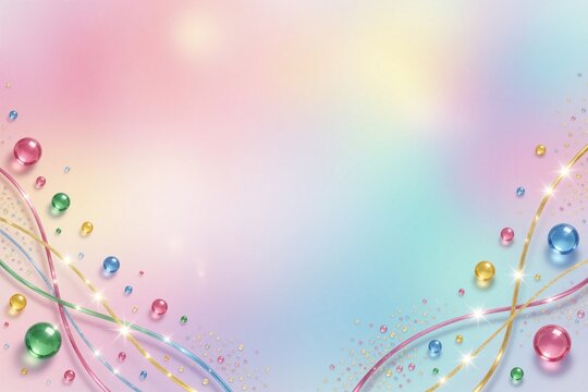 Colorful festive border with shimmering ribbons, glossy spheres, and glitter accents on a pastel gradient background.
