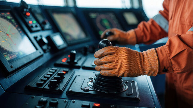 Gloved operator controls ship console in marine bridge. Pro mariner uses joystick throttle for vessel navigation, safety. Close up of hands on control panel with digital screens, navigation equipment