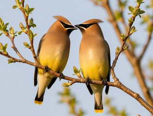 Obraz premium Two cedar waxwing birds sit on tree branch together. Pair of colorful songbirds perch on twig with green leaves. Small avian animals look at in nature. Wildlife couple shows bonding behavior during