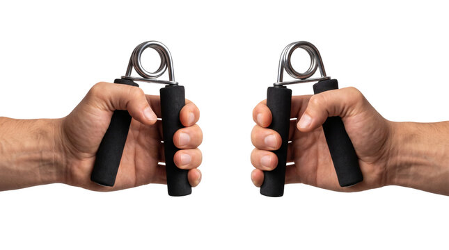 Two hands squeezing hand grip strengtheners on transparent background. Metallic spring resistance trainers for forearm muscle power. Fitness workout gear creates athletic strength mockup.