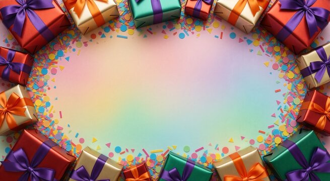 Festive gift arrangement with glossy boxes, confetti, and pastel gradient background.