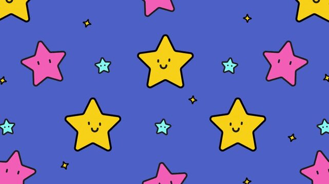 Cute star seamless pattern background vector illustration with smiling cartoon face on blue backdrop