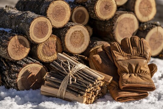 Pile of firewood logs and bundled kindling with leather gloves in snow