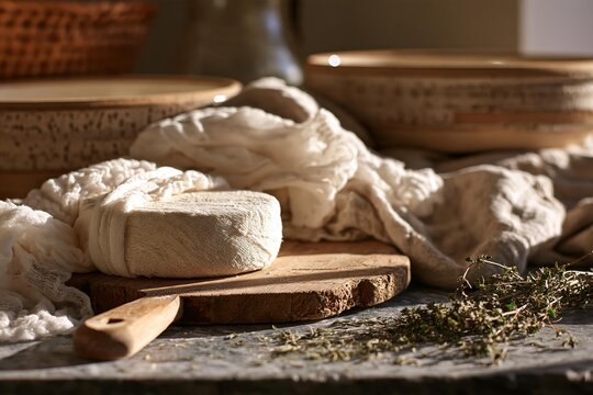 Artisanal cheese on a wooden board with herbs