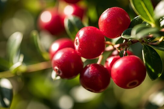 Red lingonberries growing on a branch
