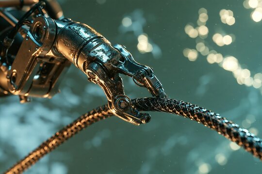 Robotic hand gripping a braided cable in a dimly lit setting
