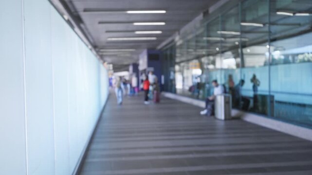 Blurred airport terminal corridor with soft bokeh, defocused glass reflections and cool blue tones; backdrop copyspace backplate.