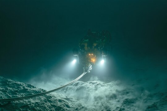 Submersible submarine investigates deep ocean floor structure. Robotic vehicle operates underwater while laying heavy transmission cables