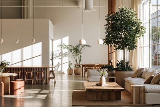 Modern office lounge with natural light and plants