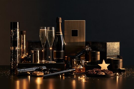 Festive champagne and whiskey setup with cookies and star
