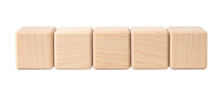 Row of blank wooden toy building blocks on transparent background. Clean natural timber cube bricks aligned in horizontal row. Educational child play blocks create creative learning mockup.