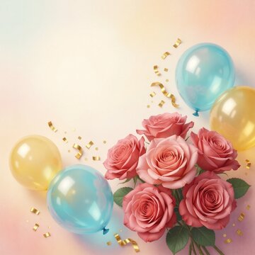 Pink roses and colorful balloons with gold confetti on a soft peach background.