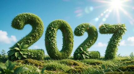 Obraz premium Green numbers 2027 made of moss, leaves stand in meadow. Sunny day with blue sky, bright sun flare. Eco concept for new year celebration, nature growth, sustainable future goals in spring season.