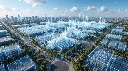 Naklejka na ściany i meble Futuristic digital wireframe blueprint shows industrial complex, city landscape. Blue glowing lines overlay factory buildings, urban infrastructure, smart city network. Aerial view of modern