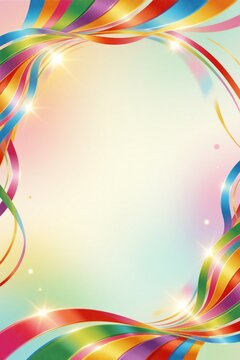 Vibrant, swirling ribbons in bright festive colors create a decorative border framing a clear central space.