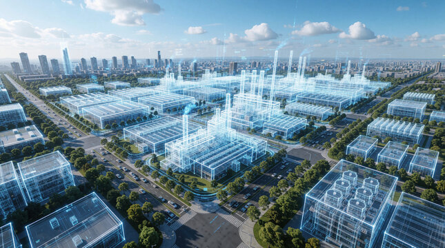 Futuristic digital wireframe blueprint shows industrial complex, city landscape. Blue glowing lines overlay factory buildings, urban infrastructure, smart city network. Aerial view of modern