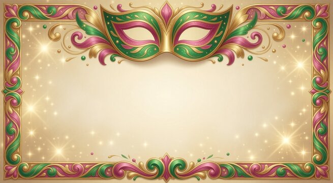 Ornate carnival mask frame with rich emerald, pink, and gold baroque scrollwork decoration.