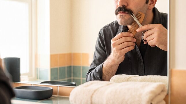 mens grooming routine, a man meticulously grooms his mustache in a bright, modern bathroom