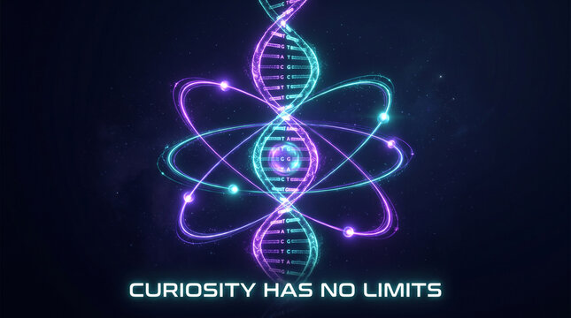 A glowing digital dna helix model surrounded by orbiting atomic rings against a dark background with structure composed genetic sequences rotates within luminous double helix