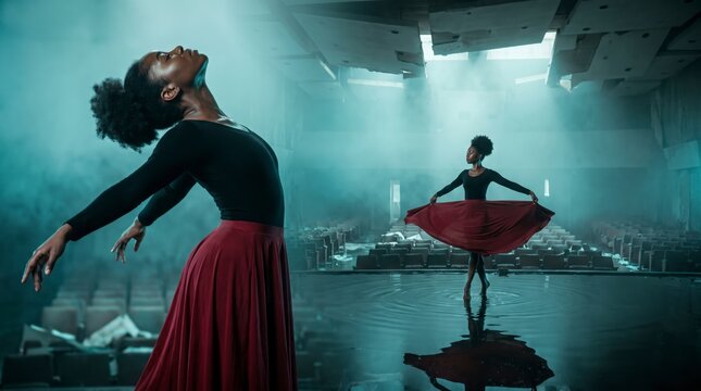 Expressive dancer in crimson skirt arching back and twirling on flooded stage of abandoned theater