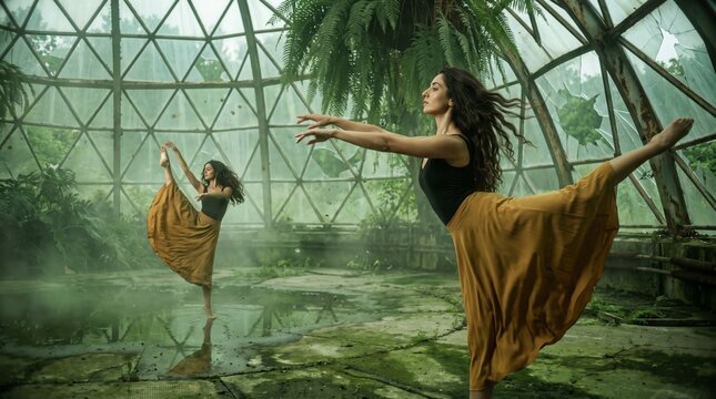 Serene dancer holding arabesque pose in overgrown botanical dome with shattered glass and ferns
