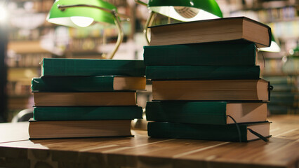 Stacked green hardcover books sit on a desk in an empty academic library, creating a quiet reading and study environment with bookshelves, study materials and warm lighting for study. © DC Studio