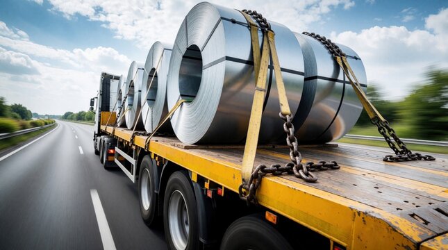 Heavy duty truck carries large steel coils on flatbed trailer. Metal rolls secured with yellow straps, metal chains during transit. Industrial cargo moves along highway for manufacturing supply