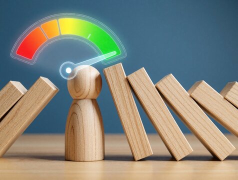 Wooden man figure stops falling domino blocks with risk management gauge meter. Business concept for safety, protection, stability. Person prevents chain reaction of disasters using control tool to