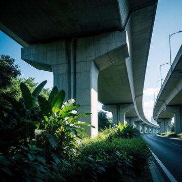 Modern concrete highway underpass with large pillars. Green tropical plants, rich foliage grow under massive bridge structure. Empty city road stretches through urban landscape with bright sunlight,
