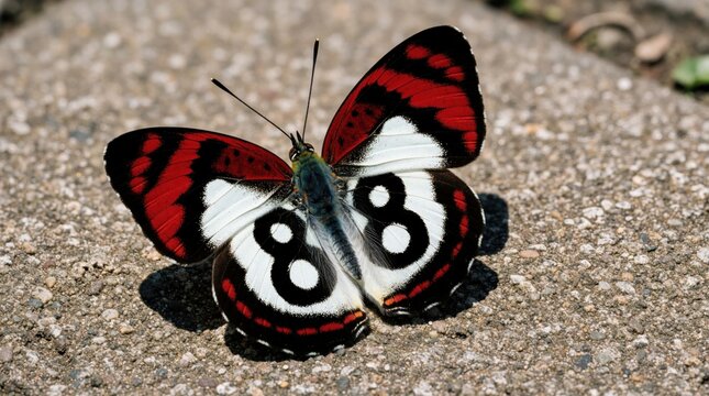 Exotic butterfly with unique number 88 pattern on wings sits on stone ground. Macro shot of Diaethria species shows red black, white markings. Rare insect displays mathematical wing design for