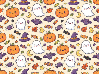 Obraz premium Halloween seamless pattern with cute pumpkins ghosts bats and candy