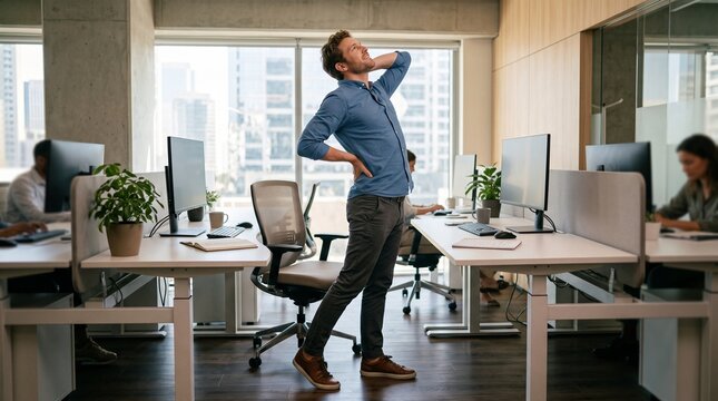 Man experiencing back pain while standing in a modern office with colleagues working at desks