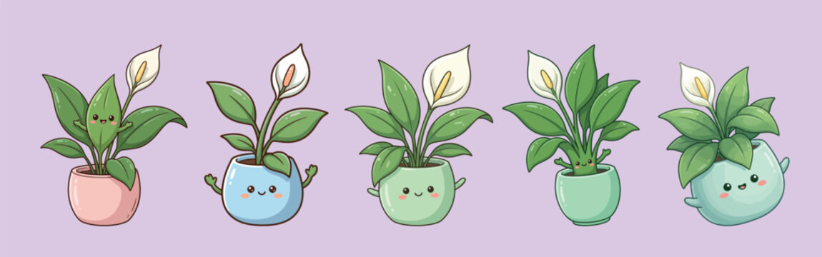 Cute Peace Lily Plant Set with Happy Faces in Colorful Ceramic Pots, Kawaii Vector Illustration Collection