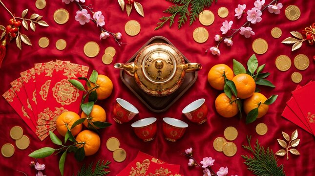 Chinese New Year Celebration Arrangement With Oranges Tea Set Red Envelopes And Gold Coins