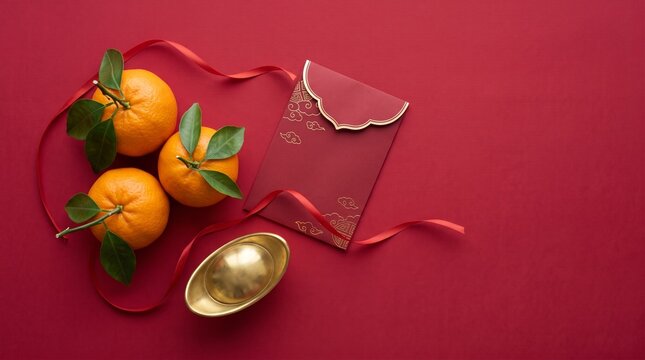 Chinese New Year Symbols Oranges Red Envelope Gold Ingot and Ribbon on Red Background
