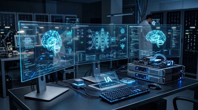 Advanced AI research laboratory with holographic brain displays and server racks