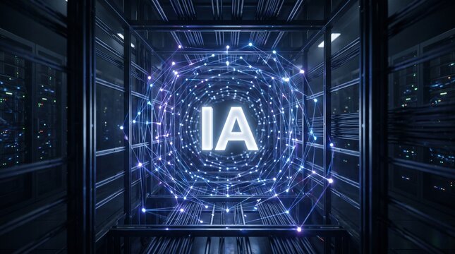 Artificial Intelligence concept with glowing IA letters inside a futuristic data center network visualization