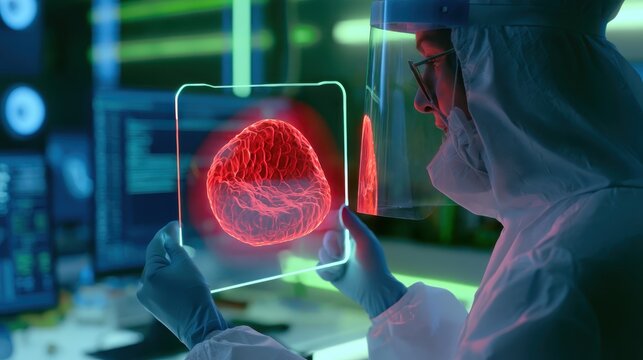 Scientist examining holographic brain scan in high-tech lab with